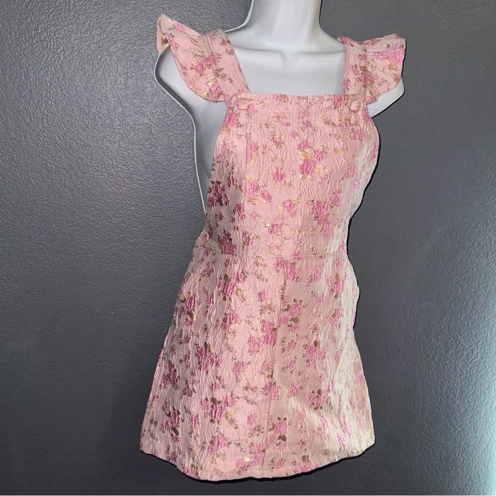 Storia Pink Gold Jacquard Overall Bib Dress Ruffle Shoulder Size Small EUC